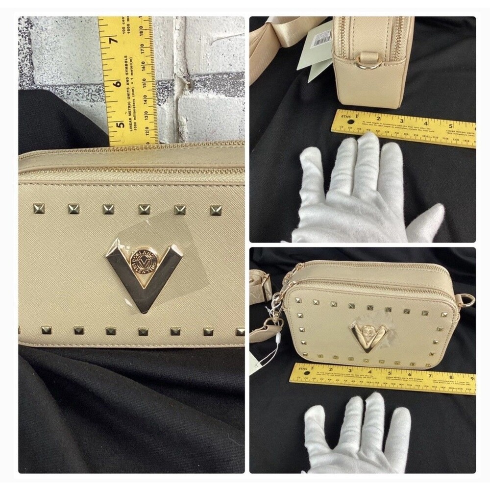Valentino Orlandi Taupe Patent Camera Studded Bag Gold Hardware Zip Detach Strap - Picture 8 of 8